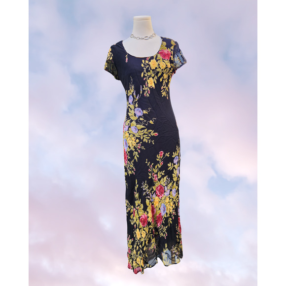 Vintage Dresses & Skirts - Vtg Black Floral Colorful Beaded Long Maxi Formal Whimsi Goth Mesh Dress Sz M